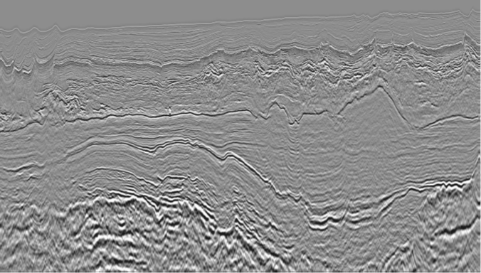 Full stack KPSDM image displaying typical, deformed Messinian salt together with a thick pre-salt sediment section Full stack KPSDM image displaying typical, deformed Messinian salt together with a thick pre-salt sediment section