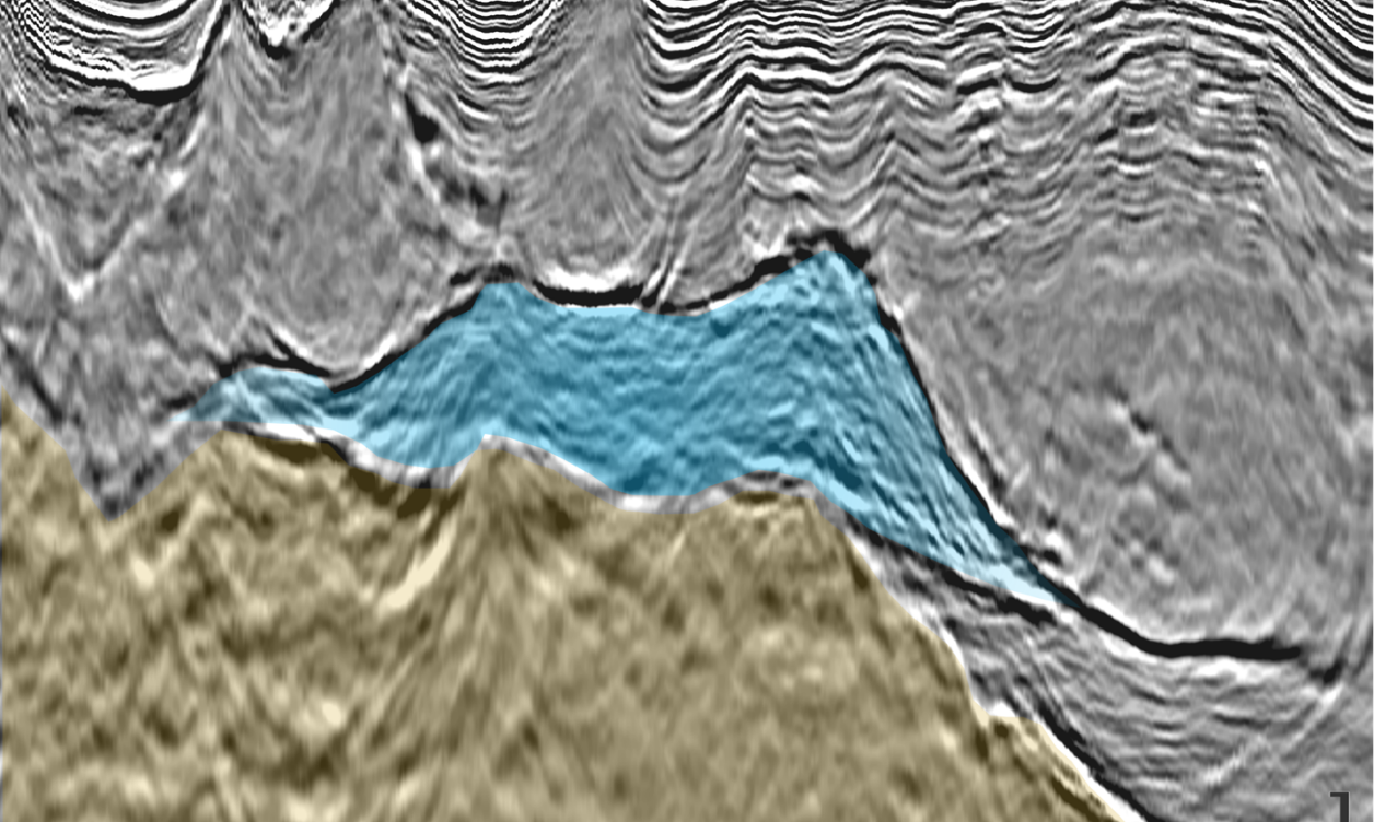 KPSDM full stack seismic section from the Egypt Depth Merge product, highlighting a potential carbonate buildup structure