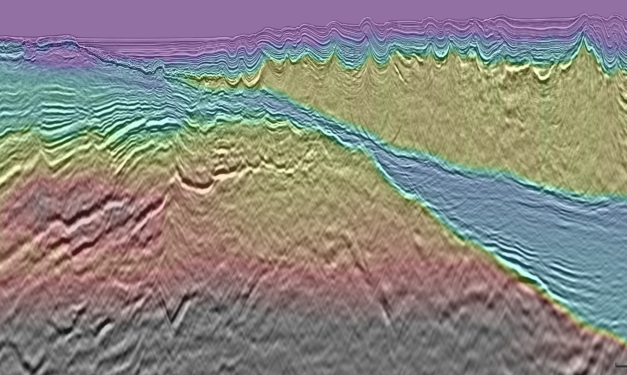 KPSDM full stack seismic section with a velocity model overlay from the Egypt Depth Merge